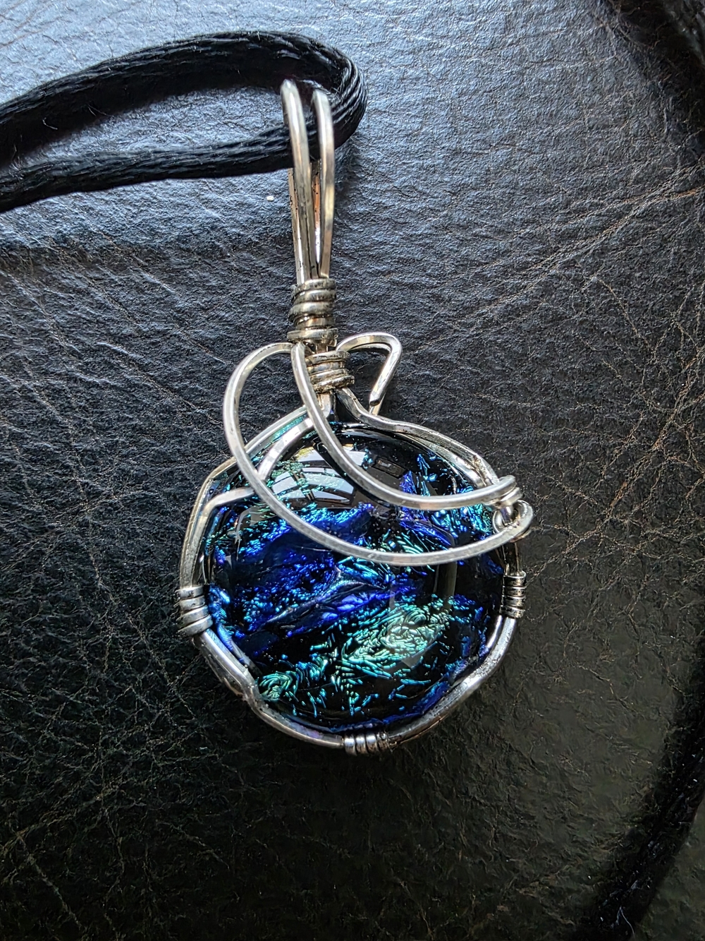 Handmade Iridescent Blue Green Glass Pendant Necklace